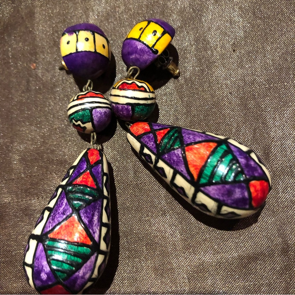 1980s Geometric Tribal Multi-Color Earrings.